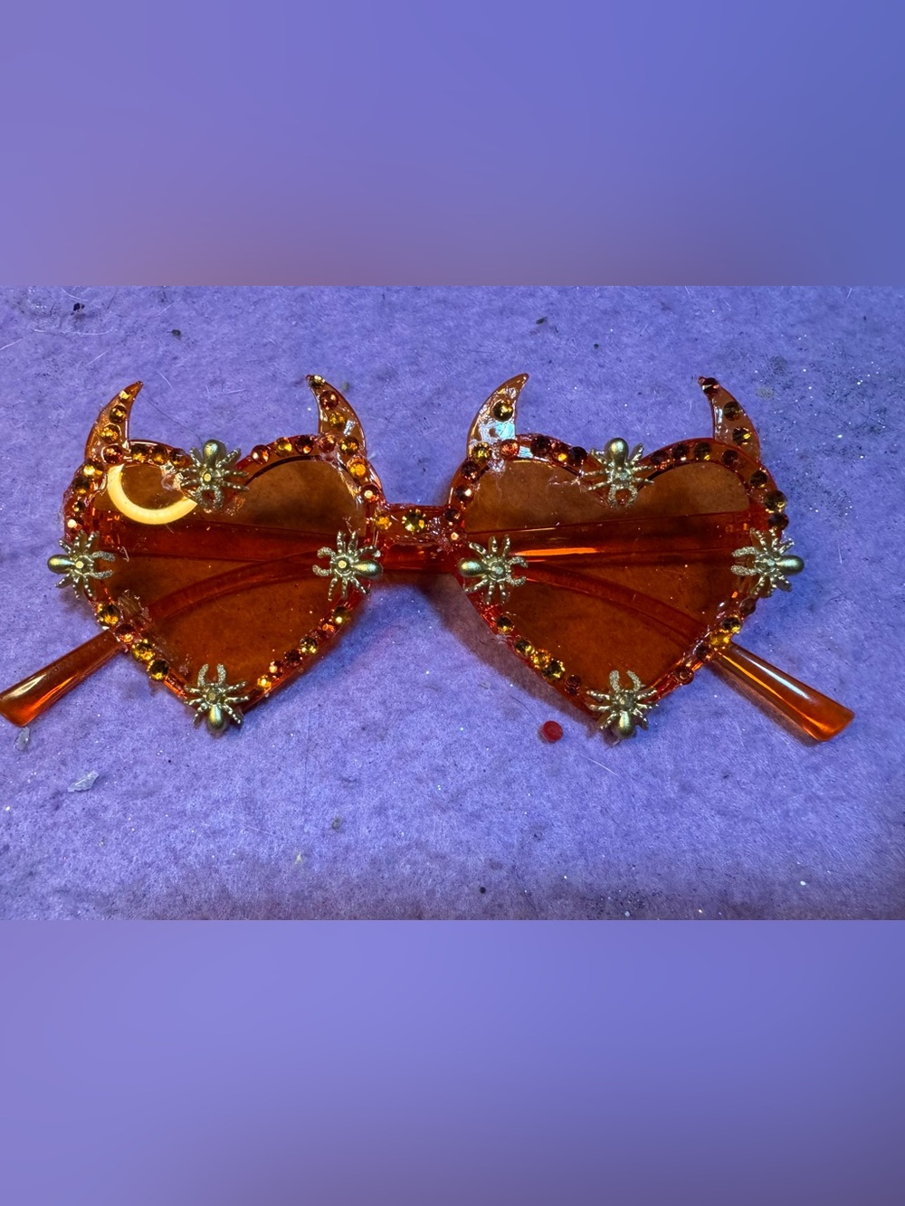 Orange Jeweled Heart devil horned Sunglasses with gold Spider Accents